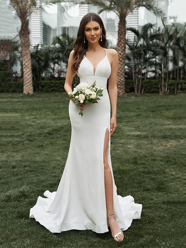 Wholesale Sheath/Column Stretch Crepe Ruffles Halter Sleeveless Sweep/Brush Train Wedding Dresses
